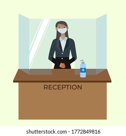 New normal : Reception service desk business office using plexiglass to protect from Coronavirus concept in flat style. Vector illustration