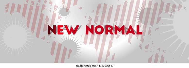 New Normal Red title with long shadows in gradient white, strips world map, and virus icon background. For horizontal banner