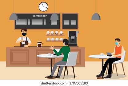 Nuevo concepto de vector normal: el interior de la cafetería con barista y clientes con mascarillas