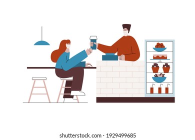 New normal restaurant during coronavirus outbreak. People wearing mask at coffee shop. Safe coffee ordering and Social distancing concept. Barista in protective medical mask flat vector illustration.