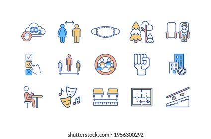 New Normal RGB Color Icons Set. Carbon Emissions Reduction. Social Change. Face Mask. Physical Distance. Coronavirus Outbreak. No Mass Events. Activism. Arts, Culture. Isolated Vector Illustrations