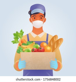 New normal, safe Food delivery concept. A young man delivering food items wearing mask and gloves for the safety service. Conceptual vector illustration.