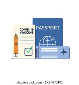 New normal. Safe travel in a pandemic. Immunity passport, tickets, permission, border opening. Vaccination requirement against Covid-19. Vector illustration