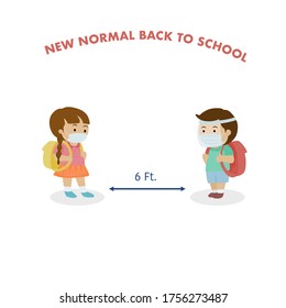 New normal at school after coronavirus students wearing mask or face shield and stay keep social distancing for safe from coronavirus. Vector and illustration 