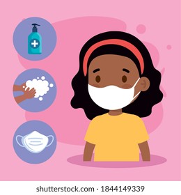New normal school of black girl kid with mask and icon set design of covid 19 virus and prevention theme Vector illustration