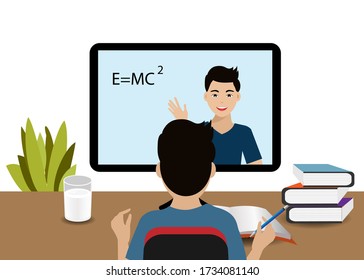 New normal in school during COVID-19 pandemic. Student at home online studying with teacher via video/web conferance on computer during city lock down to prevent COVID-19 corona virus spreading. 