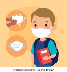 New normal school of girl kid with mask book and hands washing design of covid 19 virus and prevention theme Vector illustration