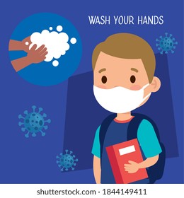 New normal school of girl kid with mask book and hands washing design of covid 19 virus and prevention theme Vector illustration