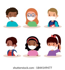 New normal school of girls and boys kids with masks design of covid 19 virus and prevention theme Vector illustration