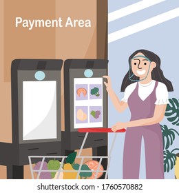 New normal shopping concept. Flat style vector illustration of cartoon character woman wear face shield to pay with modern automatic payment machines. People bought only the necessary products.