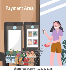 New normal shopping concept. Flat style vector illustration of cartoon character woman wear face shield in supermarket after product purchase to pay with modern automatic payment machines. 