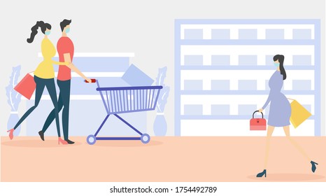 New Normal shopping vector concept: People shopping in the supermarket with trolley wearing face mask