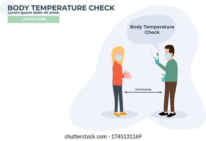 Nueva Ilustración Normal Plana de un hombre con máscara facial y guantes comprobando la temperatura corporal de una mujer que usa un arma térmica durante el brote del Covid-19 para prevenir la propagación del Coronavirus Covid-19. 