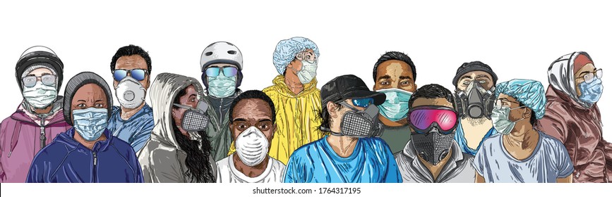 New Normal social concept. Composition of Crowd of men and women wearing protection from coronavirus COVID-19 virus and urban air pollution. People in protective medical face masks. Hand drawn Vector.