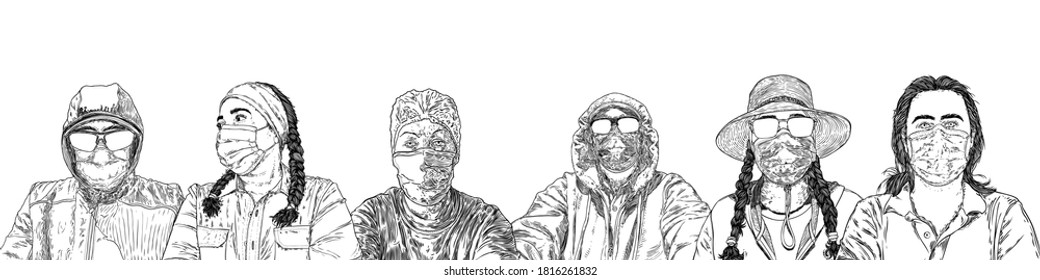 New Normal social concept. Composition of Crowd of men and women wearing protection from coronavirus COVID-19 virus and urban air pollution. People in protective medical face masks. Hand drawn Vector.