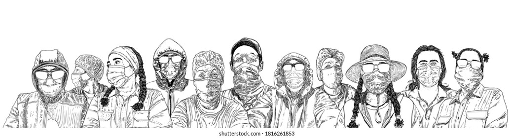 Nuevo concepto social normal. Composición de una multitud de hombres y mujeres que usan protección contra el virus del coronavirus COVID-19 y la contaminación del aire urbana. Gente con máscaras protectoras de cara médica. Vector dibujado a mano.