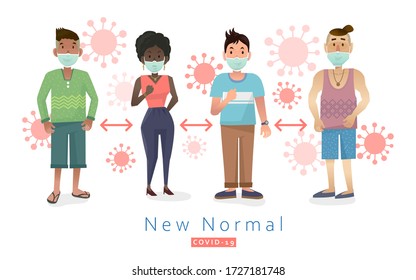 Nuevo normal. La distancia social, el espacio para la seguridad y la gente deberían estar a 1.5 metros de distancia, el distanciamiento social. Vector de diseño plano.