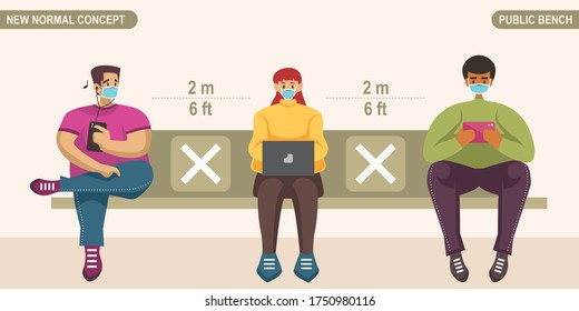 New normal social distancing concept. People wearing medical mask, sitting on public bench and keeping distance to protect from COVID-19 Coronavirus. Scalable and editable vector illustration.