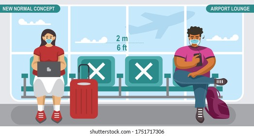 New normal social distancing concept. People wearing medical mask, sitting on airport lounge and keeping distance to protect from COVID-19 Coronavirus. Scalable and editable vector illustration.