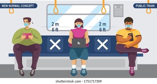 New normal social distancing concept. People wearing medical mask, sitting on public subway train and keeping distance to protect from COVID-19 Coronavirus. Scalable and editable vector illustration.