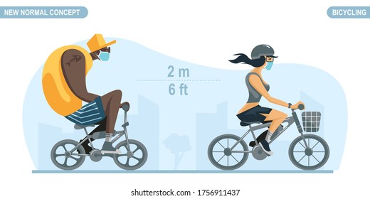 Nuevo concepto normal de distanciamiento social. Personas en bicicleta, manteniendo la distancia para protegerse del coronavirus COVID-19. Ilustración vectorial escalable y editable.