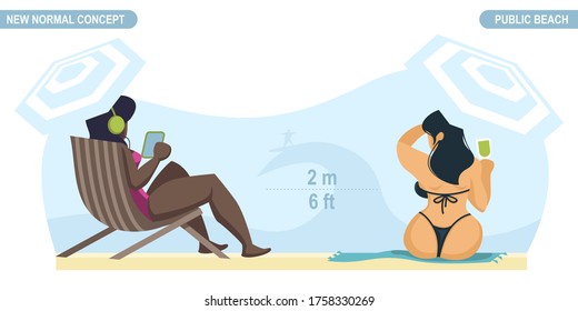 New normal social distancing concept. People at the beach, keeping distance to protect from COVID-19 Coronavirus. Scalable and editable vector illustration.
