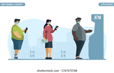 New normal social distancing concept. People wear medical mask and keep distance at atm queues to protect from COVID-19 Coronavirus. Scalable and editable flat style vector illustration.