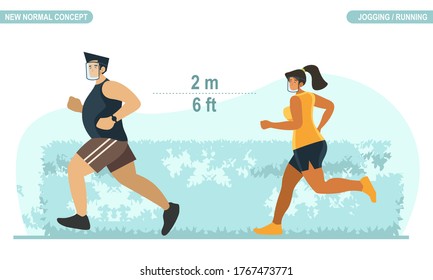 New normal social distancing concept. People wear face shield and keep distance when running jogging to protect from COVID-19 Coronavirus. Scalable and editable flat style vector illustration.
