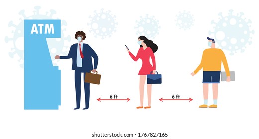 New normal and social distancing concept. diverse People Different nationalities wearing medical masks and keep distance at atm queues to protect Coronavirus or COVID-19 flat style vector illustration