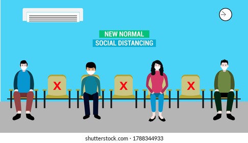 New normal Social distancing concept people keep distance from each other and wearing face mask prevention from disease outbreak vector illustration. New normal after COVID-19 pandemic concept 