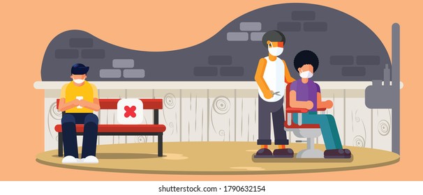 New normal and social distancing concept. People wear medical mask and keep distance at the barber shop ,both the cutters and customers must wear medical flat vector stlye,illustration vector

