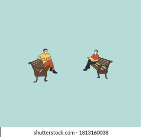 New normal and social distancing concept.Men wearing mask sit on bench enjoy conversation in summer park.Leisure activity together, safety gatherings.