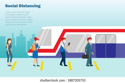 New normal, social distancing concept. Passenger queuing in line at metro train,mass transportation, wearing face mask keeping distance to protect from COVID-19 coronavirus pandemic.