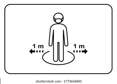 New normal and Social distancing concept.A man and a woman in medical masks protection from corona virus covid 19.People keep safe distance queue 1 meter.Sign and symbol icon flat vector Illustration.