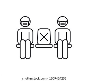 New normal social distancing icon. People in medical mask sitting on chairs keeping distance to prevent covid-19 coronavirus. Line vector design isolated on white background.