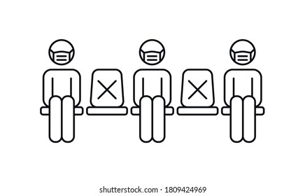 New normal social distancing icon. People in medical mask sitting on chairs keeping distance to prevent covid-19 coronavirus. Line vector design isolated on white background.