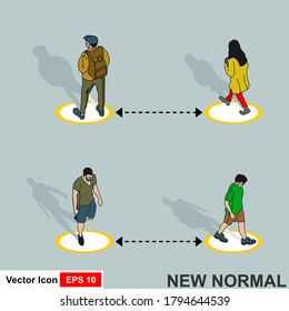 Neue Normalität. soziale Distanzierung, Abstand in der Gemeinschaft, um vor dem Konzept der Ausbreitung der COVID-19-Epidemie zu schützen, 