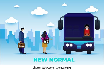 Nuevo estilo de vida normal de distanciamiento social en la era COVID-19, personas con mascarillas esperan en la cola para mantenerse alejados, Vector ilustración de gente de negocios hace cola para el transporte público, 