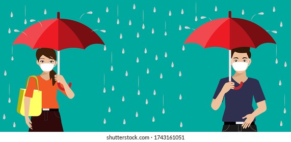 New normal in social distancing Man and woman wearing surgical face mask holding umbrella in heavy rain. Vector Illustration. Idea for COVID-19 prevention, protection and awareness in rainy season.