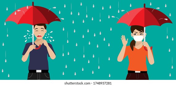 New normal in social distancing. Man holding umbrella, sneezing in heavy rain. Woman wearing surgical face mask feeling disgusting. Idea for COVID-19 prevention and other sickness in rainy season