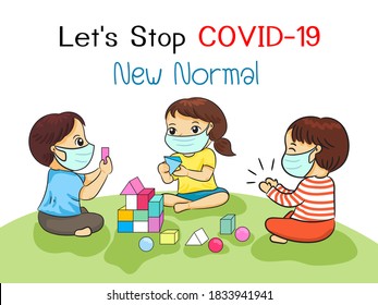 nueva distancia social normal parada covid-19,niños con mascarilla facial jugando con bloque colorido de construcción, ilustración vectorial