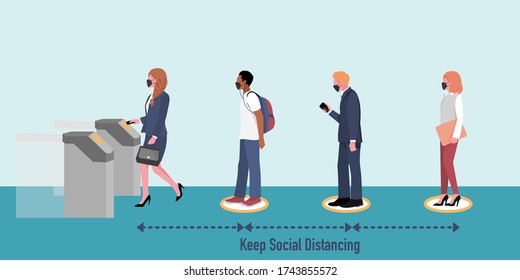 New Normal And Social Distancing When Go Back To Work After Coronavirus Covid 19 Spread Concept. People (wearing Mask) Keep Distance While Queueing At Automatic Ticket Gate. Flat Vector Illustration.