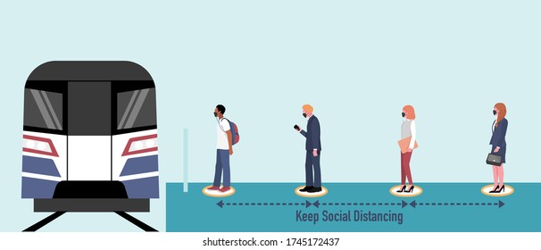 New Normal And Social Distancing When Go Back To Work After Coronavirus Covid 19 Spread Concept. People Wearing Mask  Keep Distance While Queueing At Train (railway) Station. Flat Vector Illustration.