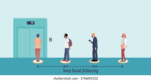 New normal and Social distancing when go back to work after coronavirus covid 19 spread concept. People wearing mask  keep distance when waiting for elevator (lift) . Flat vector Illustration.