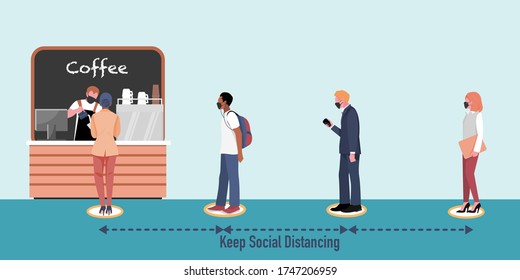 New Normal And Social Distancing When Go Back To Work After Coronavirus Covid 19 Spread Concept. People Wearing Mask, Keep Distance When Waiting At Coffee Shop (Cafe) . Flat Vector Illustration.