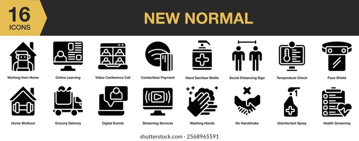 New Normal solid icon set. Includes new normal, work, lifestyle, people, coronavirus, social distancing, and More. Solid icons vector collection.