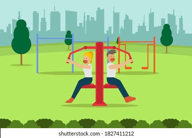 New Normal sport activity concept: Young couple exercising on the outdoor fitness equipment while wearing face mask at the park after coronavirus outbreak