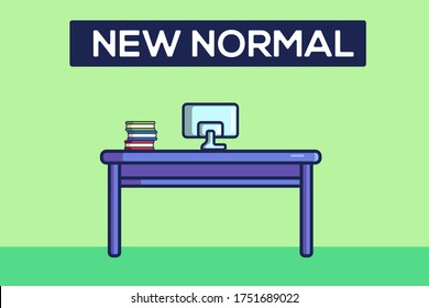 New Normal. Start Working. Work Desk With Computer and Books Vector illustration