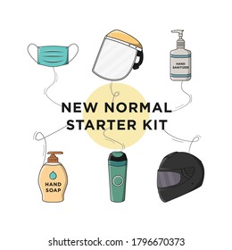 New normal starter kit icons, surgical mask, face shield, hand sanitizer, hand soap, tumbler, helmet, hand drawn starter pack doodles outline flat color vector illustration.