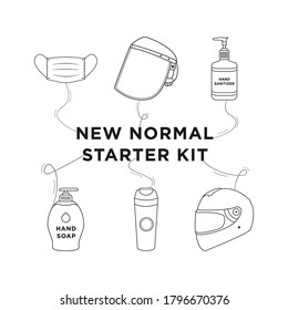 New normal starter kit icons, surgical mask, face shield, hand sanitizer, hand soap, tumbler, helmet, hand drawn starter pack doodles line art vector illustration.